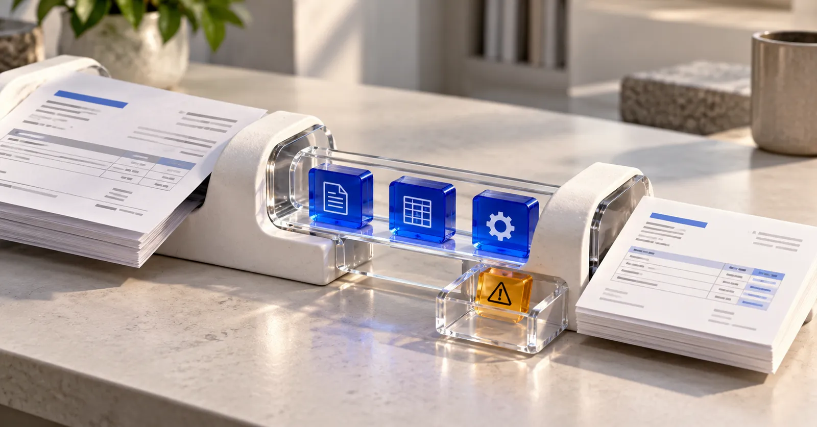 Concept artwork: document, table and settings tiles travel a glass track while a warning tile drops into a review tray