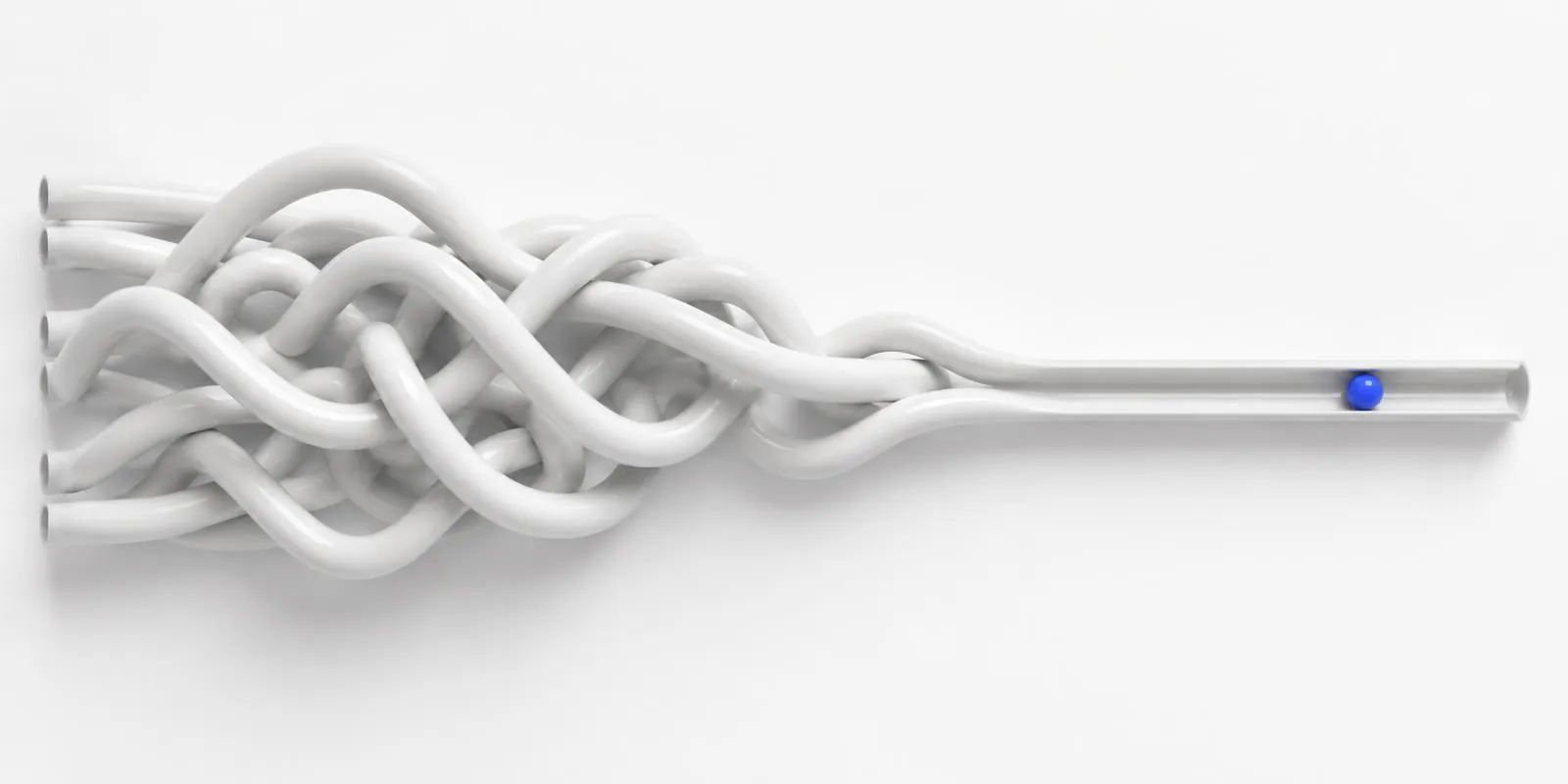 Tangled white channels resolving into one organized path
